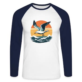 Möwe im Sonnenuntergang - Unisex Baseballshirt langarm - Weiß/Navy - Vorne - Nik (191cm)