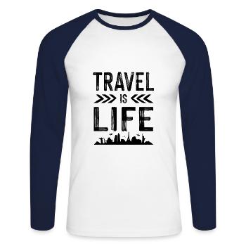 reisen ist leben - Unisex Baseballshirt langarm - Weiß/Navy - Vorne - Nik (191cm)