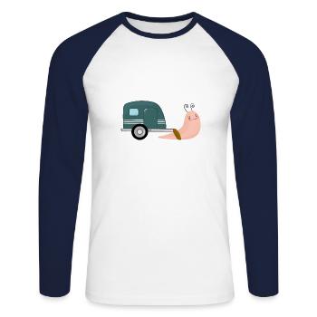 Escargot avec camping caravane - T-shirt baseball manches longues Homme - blanc/marine - Devant - Nik (191cm)