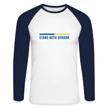 Ich unterstütze die Ukraine Spruch - Unisex Baseballshirt langarm - Weiß/Navy - Vorne - Nik (191cm)