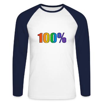 100 percent gay LGBT Pride rainbow text - Unisex Long Sleeve Baseball T-Shirt - white/navy - Front - Nik (191cm)