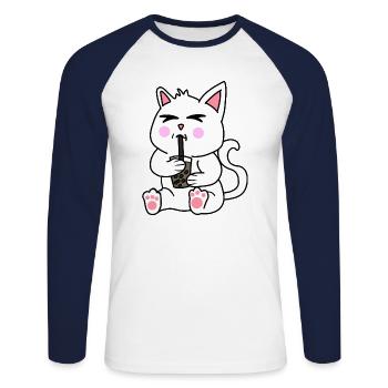 Bubble Tea Drinking White Cat Anime Kawaii - Unisex Long Sleeve Baseball T-Shirt - white/navy - Front - Nik (191cm)