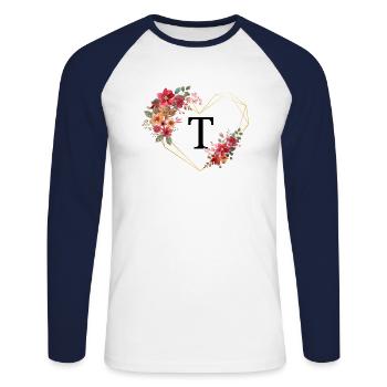 Letter t floral golden heart - Unisex Long Sleeve Baseball T-Shirt - white/navy - Front - Nik (191cm)