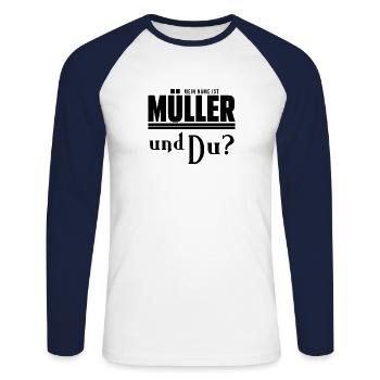 Mein Name ist Müller Nachname Geschenkidee - Unisex Baseballshirt langarm - Weiß/Navy - Vorne - Nik (191cm)