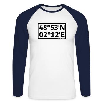 Nanterre Koordinaten - Unisex Baseballshirt langarm - Weiß/Navy - Vorne - Nik (191cm)