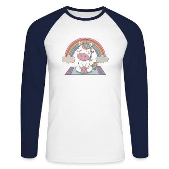 licorne de yoga - T-shirt baseball manches longues Homme - blanc/marine - Devant - Nik (191cm)
