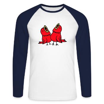 2 perruches, oiseaux chanteurs, moineaux, équipe de gazouillis - T-shirt baseball manches longues Homme - blanc/marine - Devant - Nik (191cm)