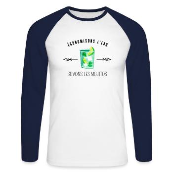 économisons l'eau buvons les mojitos - T-shirt baseball manches longues Homme - blanc/marine - Devant - Nik (191cm)
