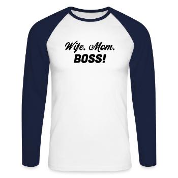 femme. maman. patron! - T-shirt baseball manches longues Homme - blanc/marine - Devant - Nik (191cm)