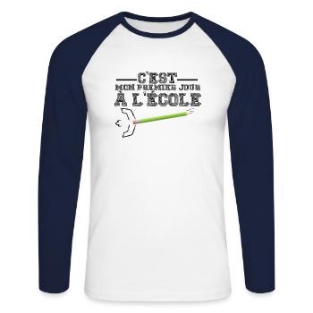 c'est mon premier jour à l'école - T-shirt baseball manches longues Homme - blanc/marine - Devant - Nik (191cm)