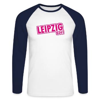 Leipzig - 0341 - Vorwahl - Sachsen - Unisex Baseballshirt langarm - Weiß/Navy - Vorne - Nik (191cm)