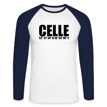 Celle Koordinaten - Unisex Baseballshirt langarm - Weiß/Navy - Vorne - Nik (191cm)