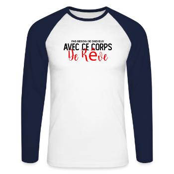 Pas besoin de cheveux avec ce corps de rêve - T-shirt baseball manches longues Homme - blanc/marine - Devant - Nik (191cm)