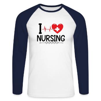 I Love Nursing - Unisex Long Sleeve Baseball T-Shirt - white/navy - Front - Nik (191cm)