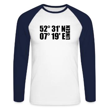Lingen Koordinaten - Unisex Baseballshirt langarm - Weiß/Navy - Vorne - Nik (191cm)