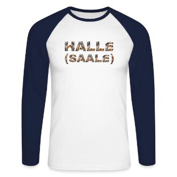 Halle (Saale) Hund - Unisex Baseballshirt langarm - Weiß/Navy - Vorne - Nik (191cm)