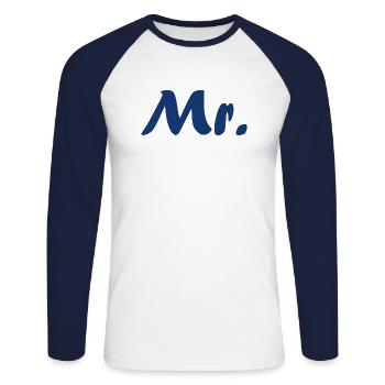 Mr - Unisex Long Sleeve Baseball T-Shirt - white/navy - Front - Nik (191cm)