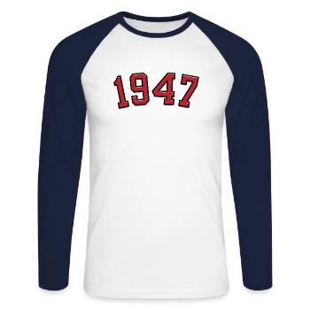 Sport year of birth 1947 - Unisex Long Sleeve Baseball T-Shirt - white/navy - Front - Nik (191cm)