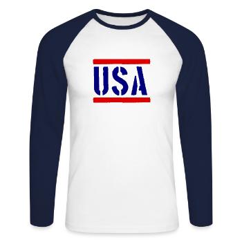 Logo des États-Unis - Slogan - États-Unis d’Amérique - T-shirt baseball manches longues Homme - blanc/marine - Devant - Nik (191cm)