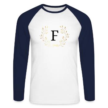 Buchstabe f Goldene Blumenkrone - Unisex Baseballshirt langarm - Weiß/Navy - Vorne - Nik (191cm)