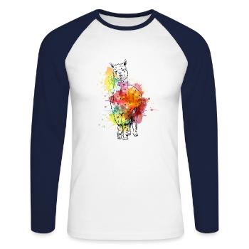 Alpaga dessiné à la main douce avec éclaboussures de couleur - T-shirt baseball manches longues Homme - blanc/marine - Devant - Nik (191cm)