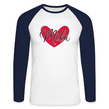 Mila Name Vorname - Unisex Baseballshirt langarm - Weiß/Navy - Vorne - Nik (191cm)