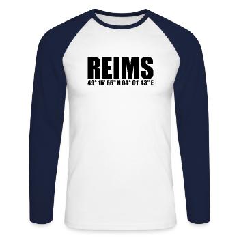Reims Koordinaten - Unisex Baseballshirt langarm - Weiß/Navy - Vorne - Nik (191cm)