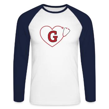 Lettre g stéthoscope - T-shirt baseball manches longues Homme - blanc/marine - Devant - Nik (191cm)