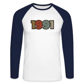 1991 rétro vintage - T-shirt baseball manches longues Homme - blanc/marine - Devant - Nik (191cm)