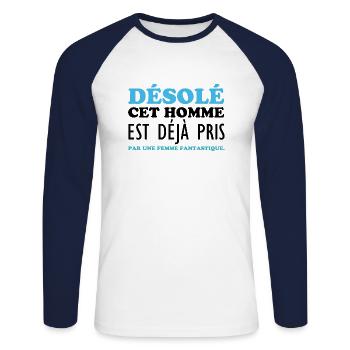 sorry this man is already taken - Unisex Long Sleeve Baseball T-Shirt - white/navy - Front - Nik (191cm)