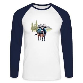 Vache dans les montagnes - motif chemise - T-shirt baseball manches longues Homme - blanc/marine - Devant - Nik (191cm)