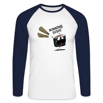 Lustiger Spruch Running Sushi - Unisex Baseballshirt langarm - Weiß/Navy - Vorne - Nik (191cm)