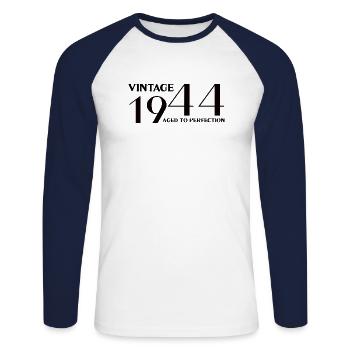 Vintage 1944 aged to perfection - Unisex Long Sleeve Baseball T-Shirt - white/navy - Front - Nik (191cm)
