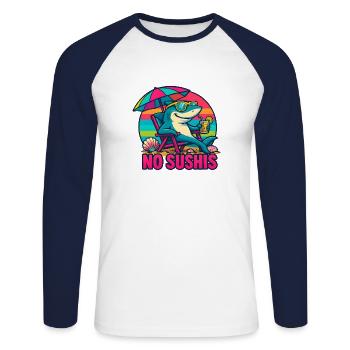 Shark at the Beach in No Worries Cool Mode - Unisex Long Sleeve Baseball T-Shirt - white/navy - Front - Nik (191cm)