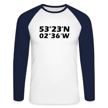 Warrington Koordinaten - Unisex Baseballshirt langarm - Weiß/Navy - Vorne - Nik (191cm)