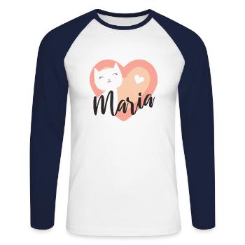 Maria Nom Prénom Chaton - T-shirt baseball manches longues Homme - blanc/marine - Devant - Nik (191cm)