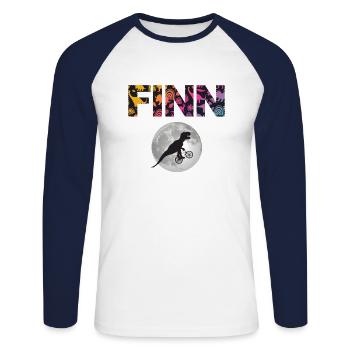 FINN - Beautiful boy name with dinosaur - Unisex Long Sleeve Baseball T-Shirt - white/navy - Front - Nik (191cm)