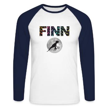 FINN - Beautiful boy name with dinosaur - Unisex Long Sleeve Baseball T-Shirt - white/navy - Front - Nik (191cm)