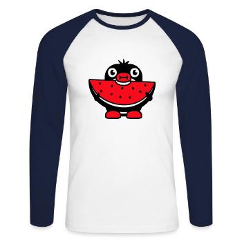 Le pingouin mange du melon fruit délicieux faim morsure fraîche - T-shirt baseball manches longues Homme - blanc/marine - Devant - Nik (191cm)