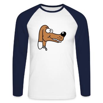 Visage de chien Petit Tête d’animal de compagnie Mignon - T-shirt baseball manches longues Homme - blanc/marine - Devant - Nik (191cm)