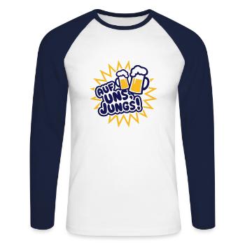 Auf uns, Jungs (Bier) - Unisex Baseballshirt langarm - Weiß/Navy - Vorne - Nik (191cm)