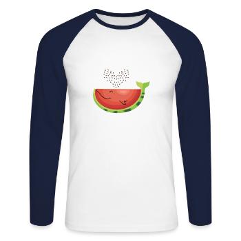 Pastèque Baleine - Baleine-Melon - Fruit -Love - T-shirt baseball manches longues Homme - blanc/marine - Devant - Nik (191cm)