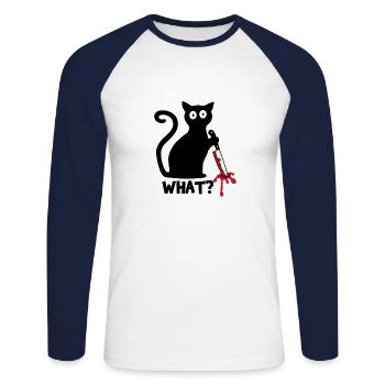 Chat quoi? Chat noir drôle avec couteau - T-shirt baseball manches longues Homme - blanc/marine - Devant - Nik (191cm)