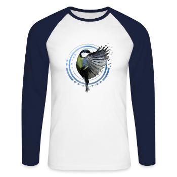Mésange bleue | Géométrique | Low poly - T-shirt baseball manches longues Homme - blanc/marine - Devant - Nik (191cm)