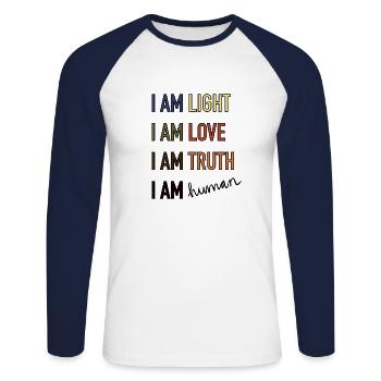 Ich bin Licht, ich bin Liebe, ich bin Wahrheit, ich bin Mensch - Unisex Baseballshirt langarm - Weiß/Navy - Vorne - Nik (191cm)
