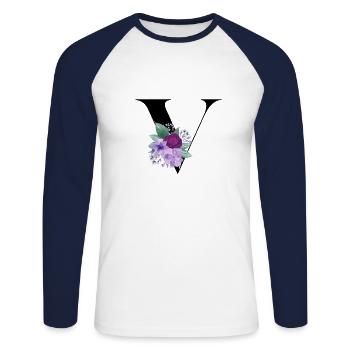 Buchstabe V blühende - Unisex Baseballshirt langarm - Weiß/Navy - Vorne - Nik (191cm)