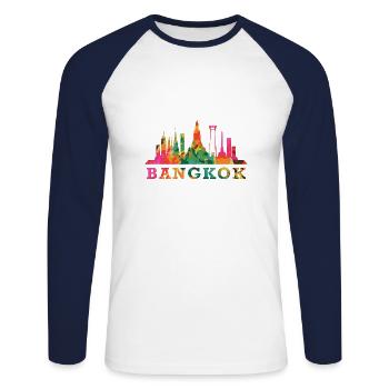 Bangkok Skyline Impression Souvenir Cadeau Idée - T-shirt baseball manches longues Homme - blanc/marine - Devant - Nik (191cm)