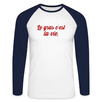 le gras c'est la vie - T-shirt baseball manches longues Homme - blanc/marine - Devant - Nik (191cm)