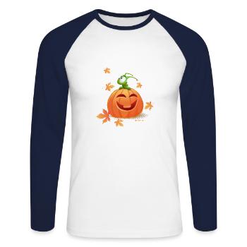 Grasshopper on pumpkin and autumn leaves - Unisex Long Sleeve Baseball T-Shirt - white/navy - Front - Nik (191cm)