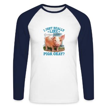 Porcs Dessin Élevage de porcelets - T-shirt baseball manches longues Homme - blanc/marine - Devant - Nik (191cm)